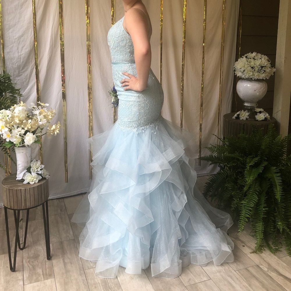 Mon Cheri Light Blue Lace Prom Dress